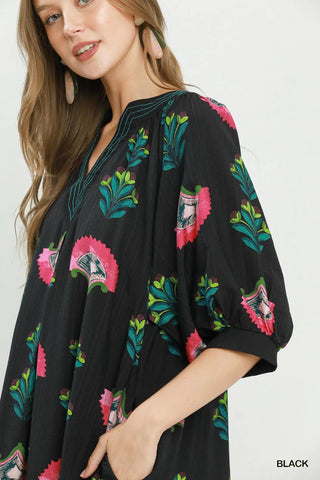 The Stella Abstract Print Mini Dress with Contrast Stitch