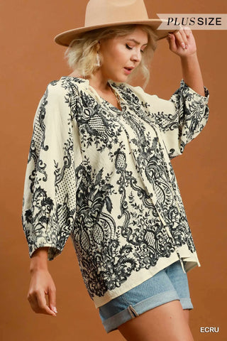 The Serena Boho Border Print Tie Neck Blouse