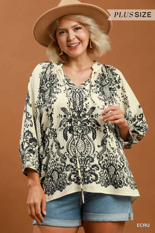 The Serena Boho Border Print Tie Neck Blouse