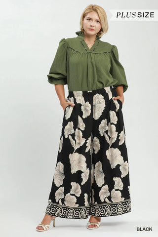 The Alessia Border Print Wide Leg Pull On Skirt Pants with Pockets