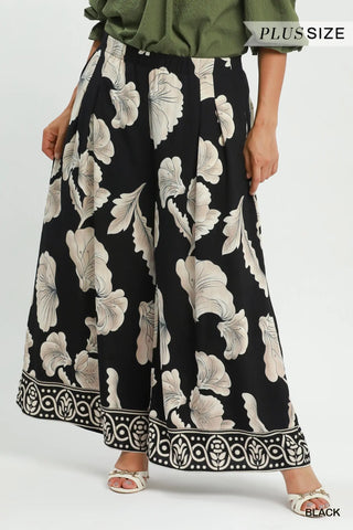 The Alessia Border Print Wide Leg Pull On Skirt Pants with Pockets
