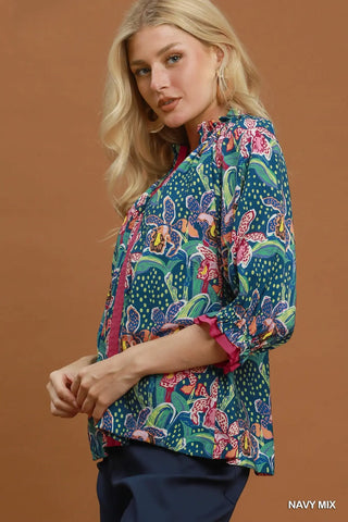 The Amy Abstract Print Ruffled Neck Top with Solid Contrast Detail