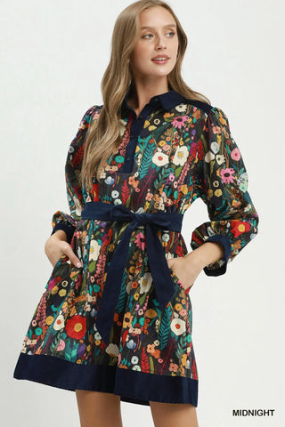 The Amber Puff Sleeve Collared Printed Mini Dress with Pockets Piping