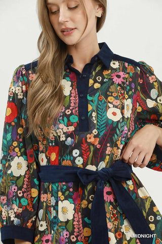 The Amber Puff Sleeve Collared Printed Mini Dress with Pockets Piping