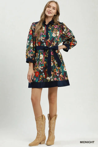 The Amber Puff Sleeve Collared Printed Mini Dress with Pockets Piping