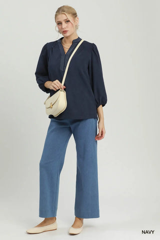 The Angela Solid Long Sleeves Top with Contrast Details