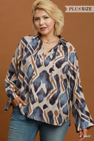 The Stella Abstract Ikat Print Tie-Neck Blouse