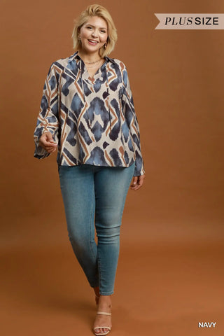 The Stella Abstract Ikat Print Tie-Neck Blouse