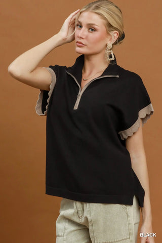 The Blair Half Zip Scalloped Dolman Sleeve Sweater Top