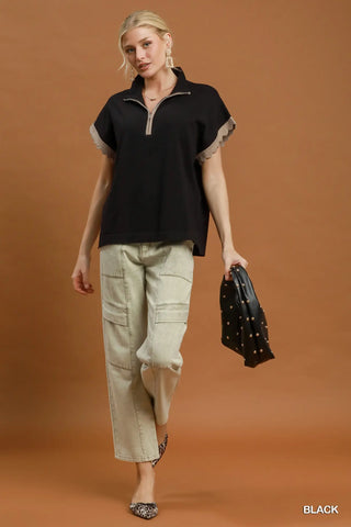 The Blair Half Zip Scalloped Dolman Sleeve Sweater Top