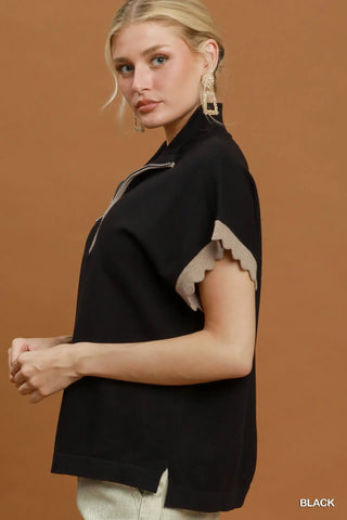 The Blair Half Zip Scalloped Dolman Sleeve Sweater Top