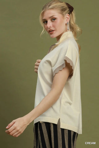 The Blair Half Zip Scalloped Dolman Sleeve Sweater Top