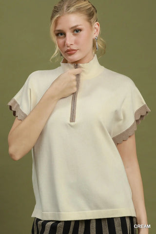 The Blair Half Zip Scalloped Dolman Sleeve Sweater Top