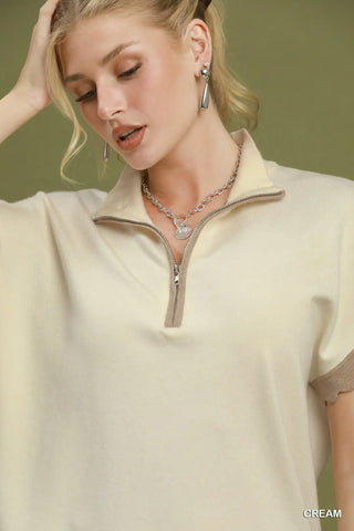 The Blair Half Zip Scalloped Dolman Sleeve Sweater Top