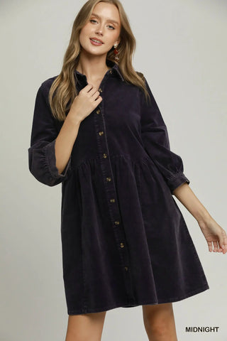 The Sloane Mineral Washed Button Down Puff Sleeve Corduroy Dress