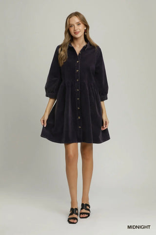 The Sloane Mineral Washed Button Down Puff Sleeve Corduroy Dress