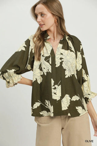 The Sophia Floral Split Neck Blouse with Ruffle Puff Sleeves
