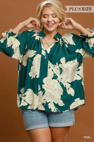 The Sophia Floral Split Neck Blouse with Ruffle Puff Sleeves