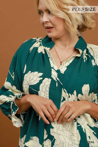 The Sophia Floral Split Neck Blouse with Ruffle Puff Sleeves