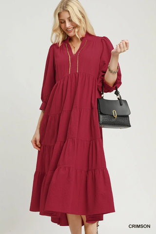 The Sienna Seersucker Tiered Midi Dress with Neck Frill