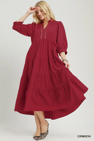 The Sienna Seersucker Tiered Midi Dress with Neck Frill