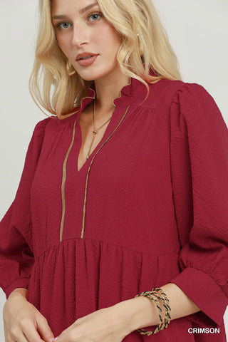 The Sienna Seersucker Tiered Midi Dress with Neck Frill