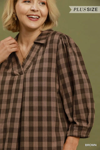 The Allison Checkered Wide Open Collared Midi Dress with Pockets