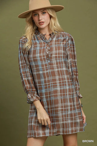 The Sutton Plaid Ruffled Neck Mini Dress with Back Tie