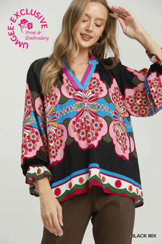 The Bianca Printed V-Neck Top with Color Blocked Placket