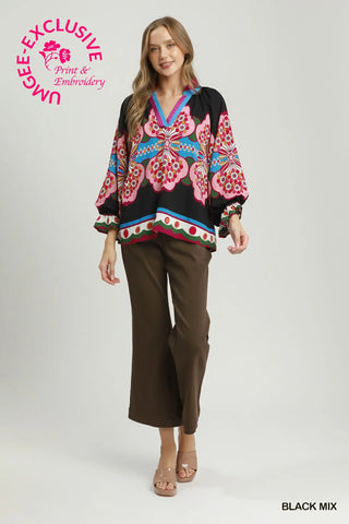 The Bianca Printed V-Neck Top with Color Blocked Placket