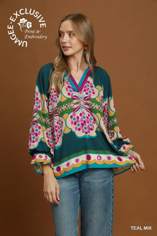 The Bianca Printed V-Neck Top with Color Blocked Placket