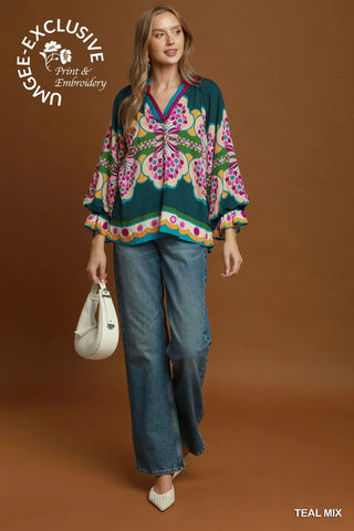 The Bianca Printed V-Neck Top with Color Blocked Placket