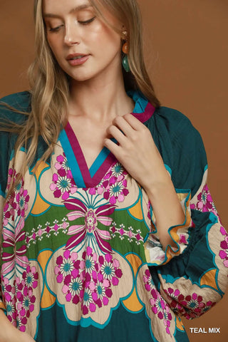 The Bianca Printed V-Neck Top with Color Blocked Placket