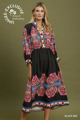 The Sydney Printed Midi Dress with Frilled Puff Sleeve