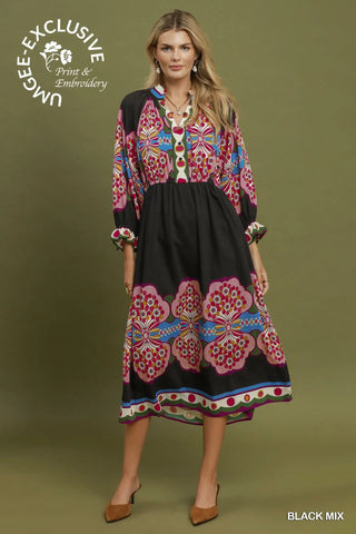The Sydney Printed Midi Dress with Frilled Puff Sleeve