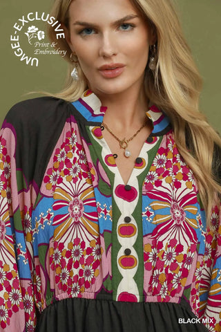 The Sydney Printed Midi Dress with Frilled Puff Sleeve