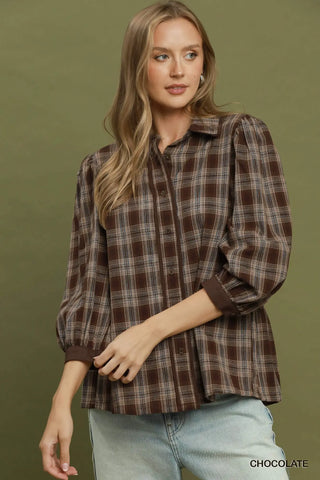 The Bryce Plaid Button Front Puff Sleeve Blouse