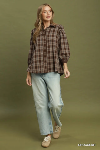 The Bryce Plaid Button Front Puff Sleeve Blouse