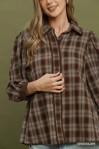 The Bryce Plaid Button Front Puff Sleeve Blouse