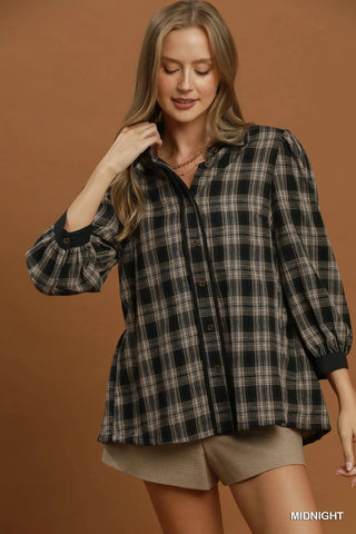 The Bryce Plaid Button Front Puff Sleeve Blouse