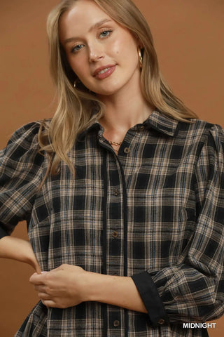 The Bryce Plaid Button Front Puff Sleeve Blouse
