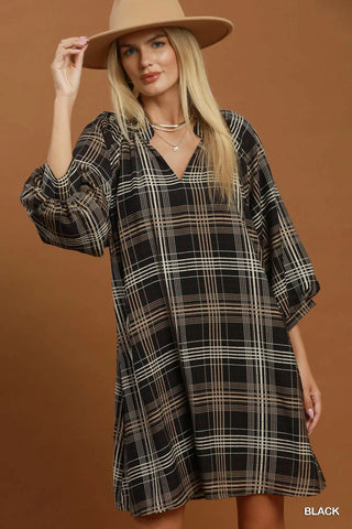 The Skylar Plaid Split V-Neck Bubble Sleeve Dress with Smocked Yoke
