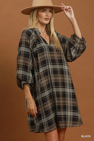 The Skylar Plaid Split V-Neck Bubble Sleeve Dress with Smocked Yoke
