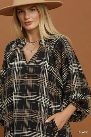 The Skylar Plaid Split V-Neck Bubble Sleeve Dress with Smocked Yoke
