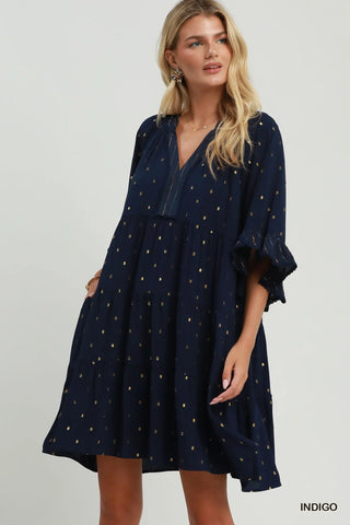 The Beth Metallic Dot Tiered Ruffle Sleeve Dress