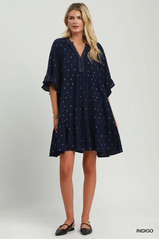The Beth Metallic Dot Tiered Ruffle Sleeve Dress