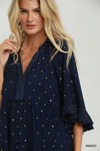 The Beth Metallic Dot Tiered Ruffle Sleeve Dress