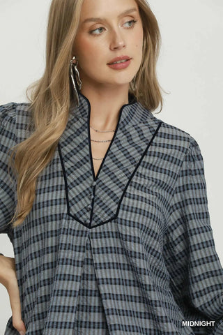 The Blakely V-Neck Plaid Blouse with Balloon Sleeve
