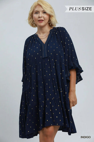The Beth Metallic Dot Tiered Ruffle Sleeve Dress