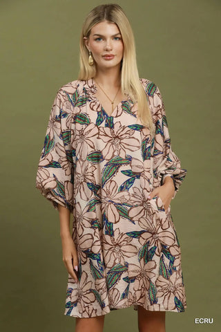 The Brielle Floral Print Split V-Neck Bubble Sleeve Dress with Smocked Yoke